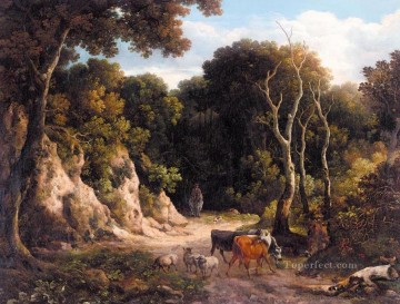 牧夫のいる道に牛や羊がいる森の風景 フィリップ・ライナグルの森の風景 Oil Paintings
